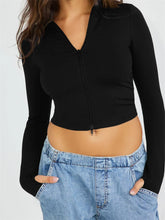 Spring Autumn Casual Slim Fit Solid Long Sleeve Stand Collar Zip Up Streetwear Tee